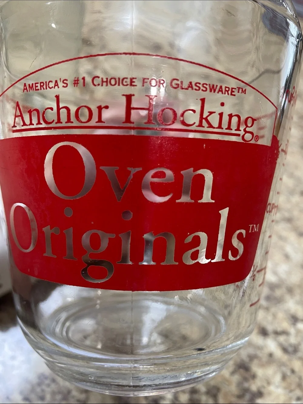 Anchor Hocking Oven Originals 498 RED Lettering 2 Cup Clear Glass Measuring Cup.